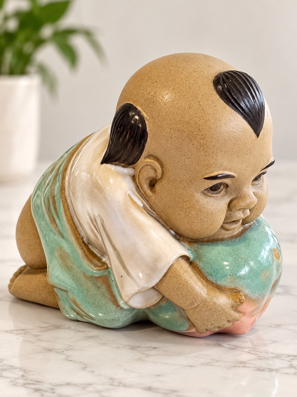 Vintage Chinese Mudman Peach Boy Ceramic Figurine Celadon Glaze Asian Decor